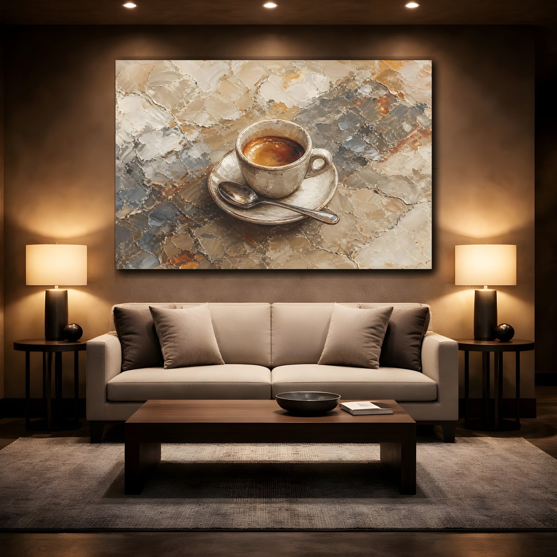 Mockup 3. Abstract Coffee Cup Brown And Gray shown as stretched canvas wall art