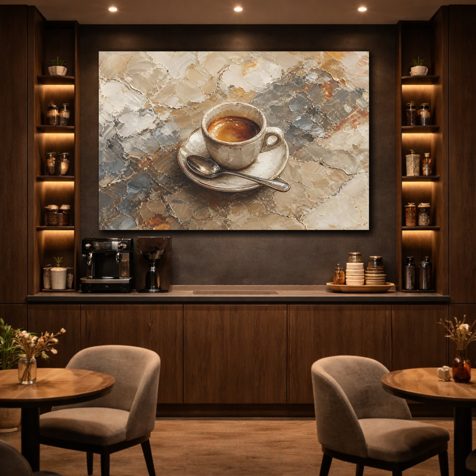 Mockup 4. Abstract Coffee Cup Brown And Gray shown as stretched canvas wall art