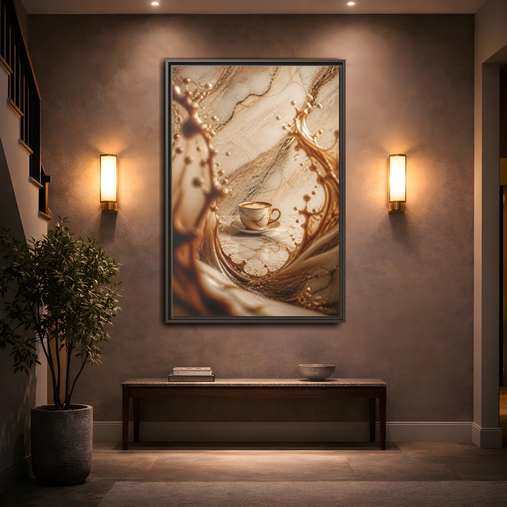 Mockup 2. Abstract Coffee Cup Gold Marble Coffee shown as stretched canvas wall art