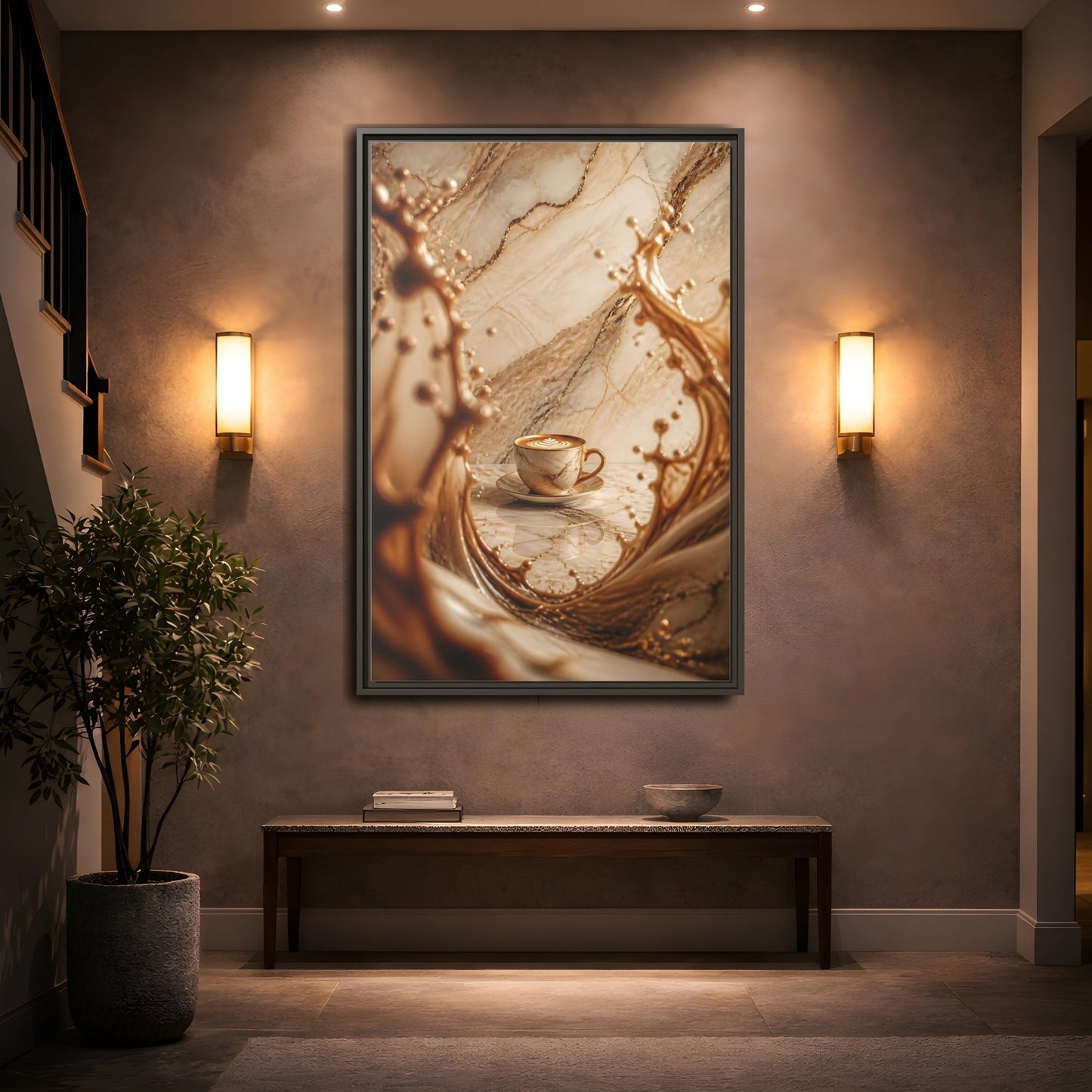 Mockup 2. Abstract Coffee Cup Gold Marble Coffee shown as stretched canvas wall art