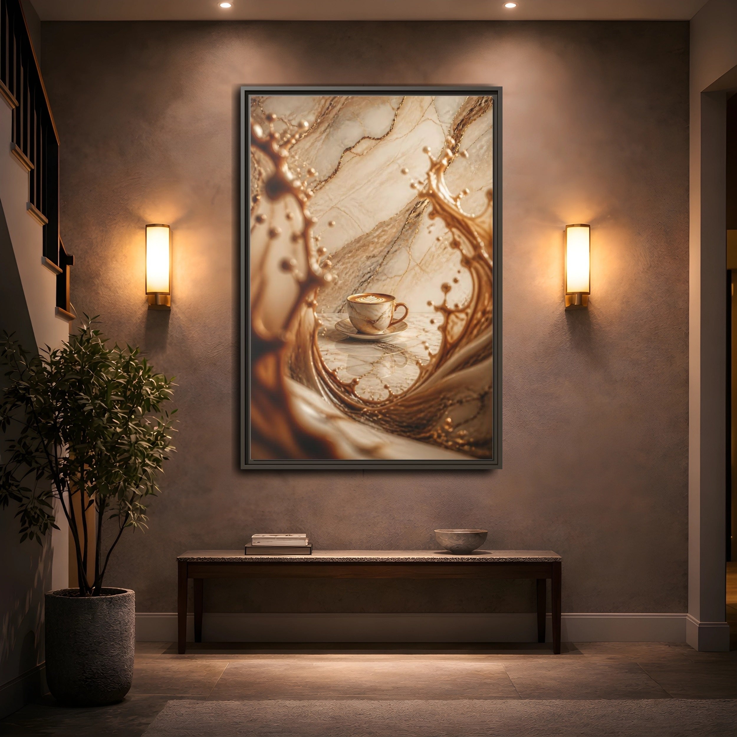 Mockup 2. Abstract Coffee Cup Gold Marble Coffee shown as stretched canvas wall art