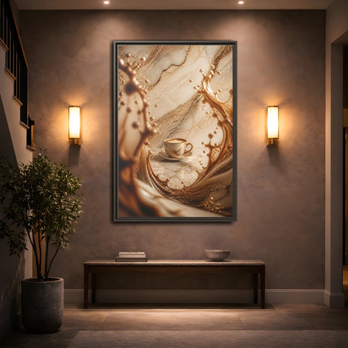 Mockup 2. Abstract Coffee Cup Gold Marble Coffee shown as stretched canvas wall art