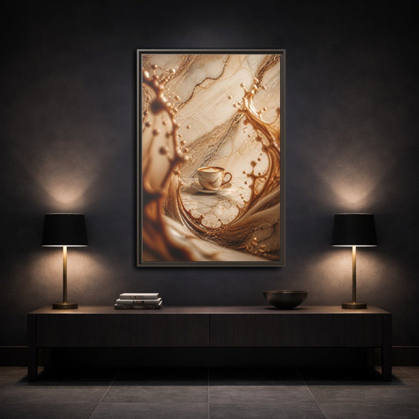 Mockup 3. Abstract Coffee Cup Gold Marble Coffee shown as stretched canvas wall art