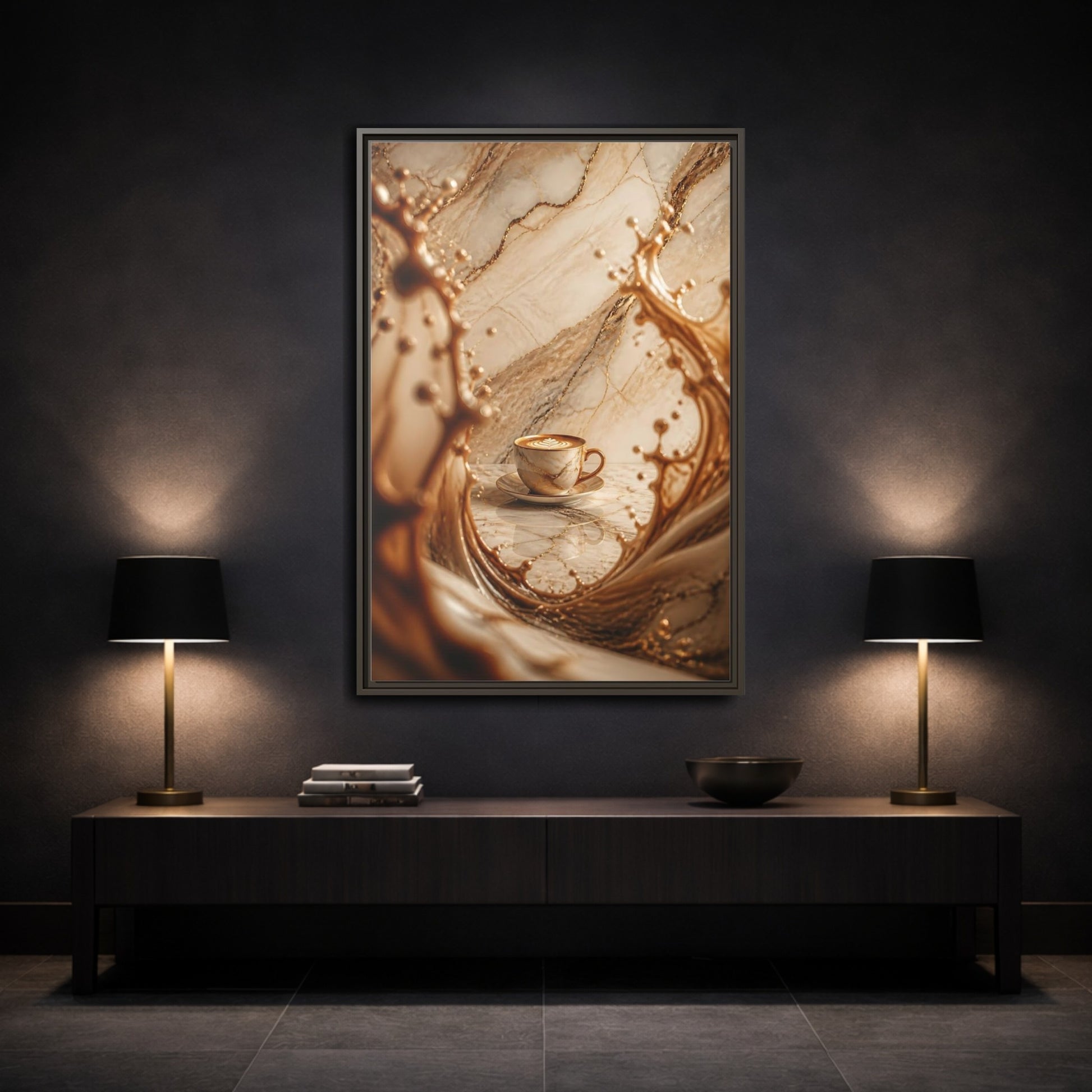 Mockup 3. Abstract Coffee Cup Gold Marble Coffee shown as stretched canvas wall art