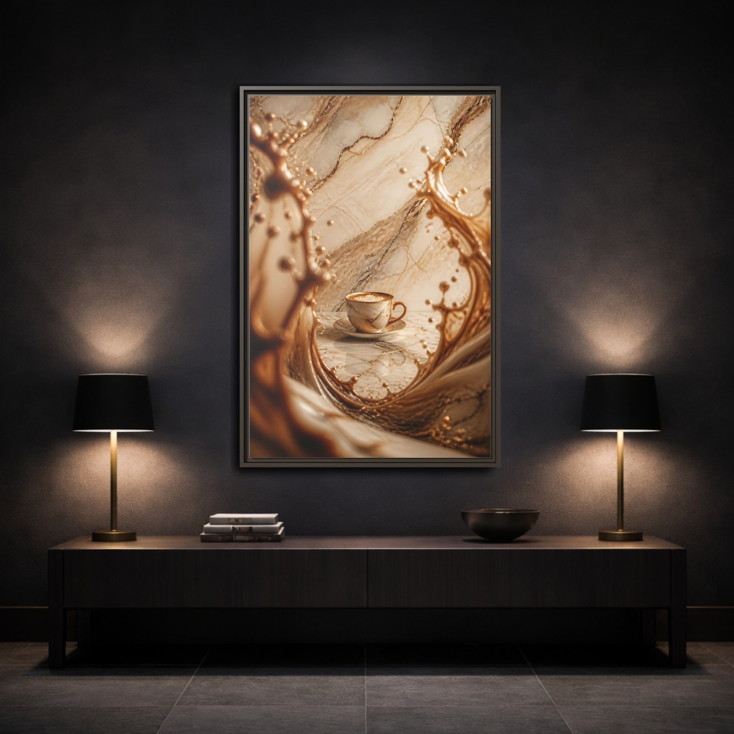 Mockup 3. Abstract Coffee Cup Gold Marble Coffee shown as stretched canvas wall art