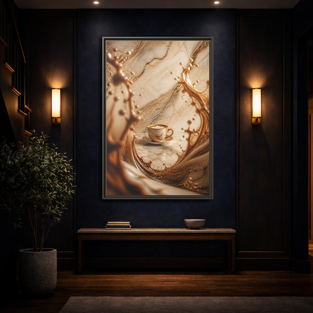 Mockup 4. Abstract Coffee Cup Gold Marble Coffee shown as stretched canvas wall art