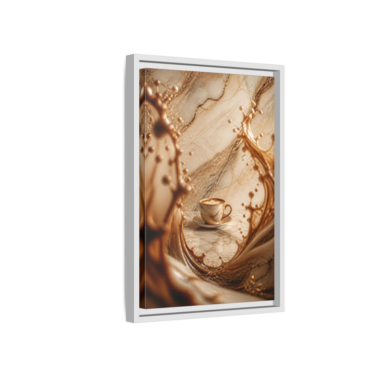 Side Mockup 4. Abstract Coffee Cup Gold Marble Coffee shown as stretched canvas wall art