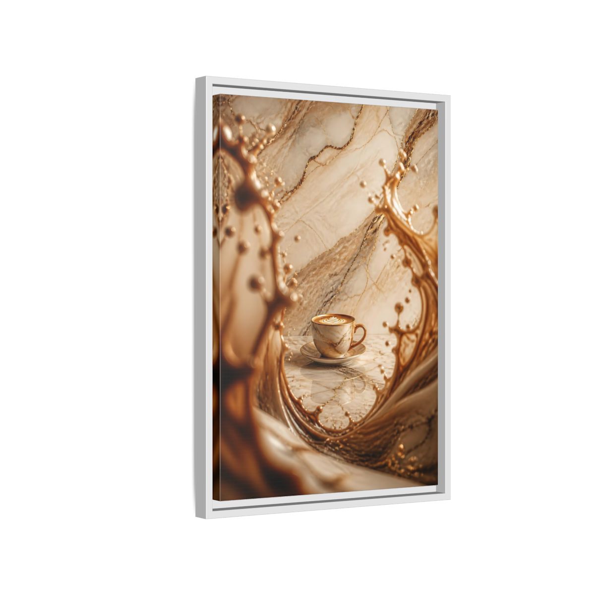 Side Mockup 1. Abstract Coffee Cup Gold Marble Coffee shown as stretched canvas wall art