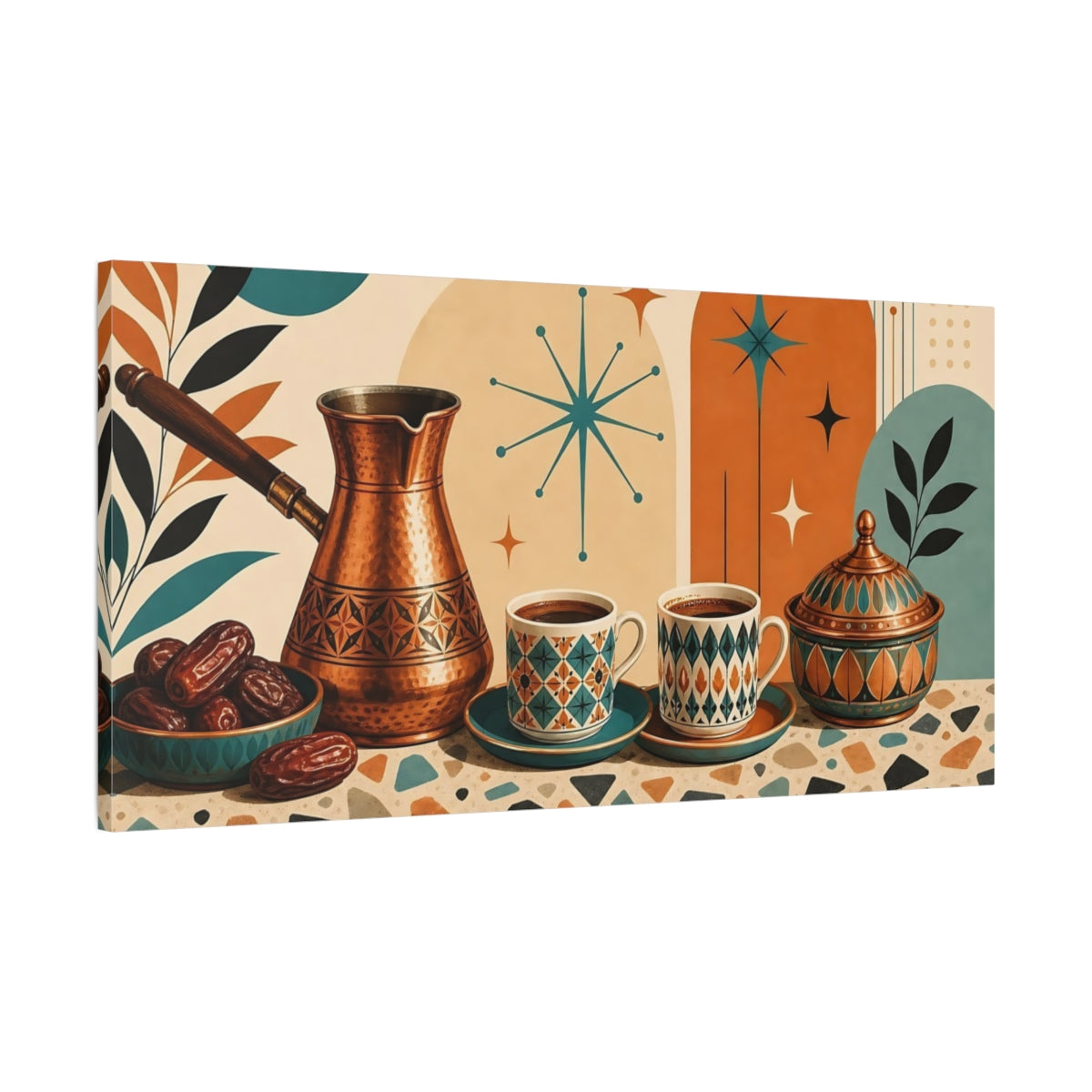 Main Mockup. Abstract Coffee Items Mid-Century Coffee shown as canvas print
