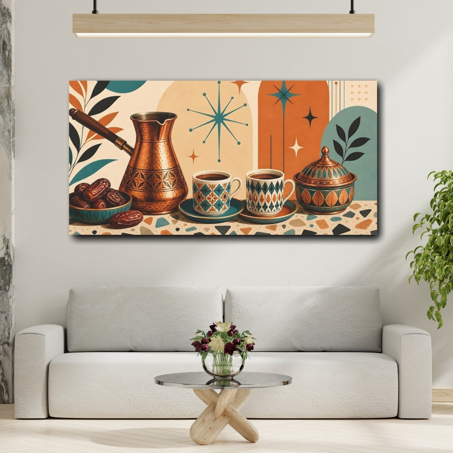 Mockup 2. Abstract Coffee Items Mid-Century Coffee shown as canvas print
