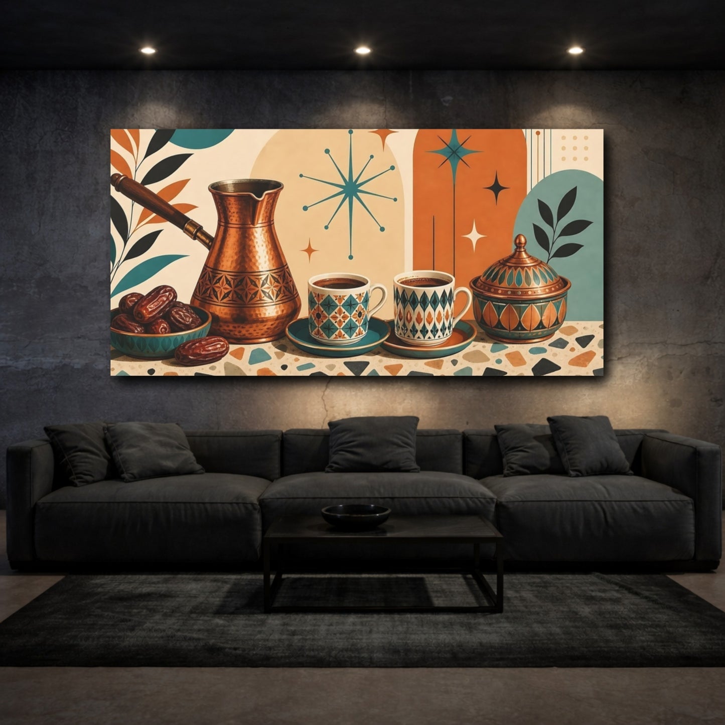 Mockup 3. Abstract Coffee Items Mid-Century Coffee shown as canvas print