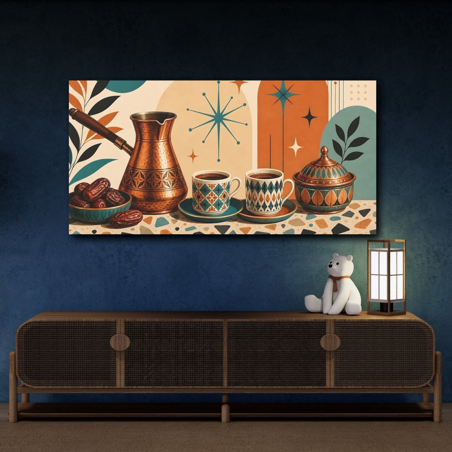 Mockup 4. Abstract Coffee Items Mid-Century Coffee shown as canvas print
