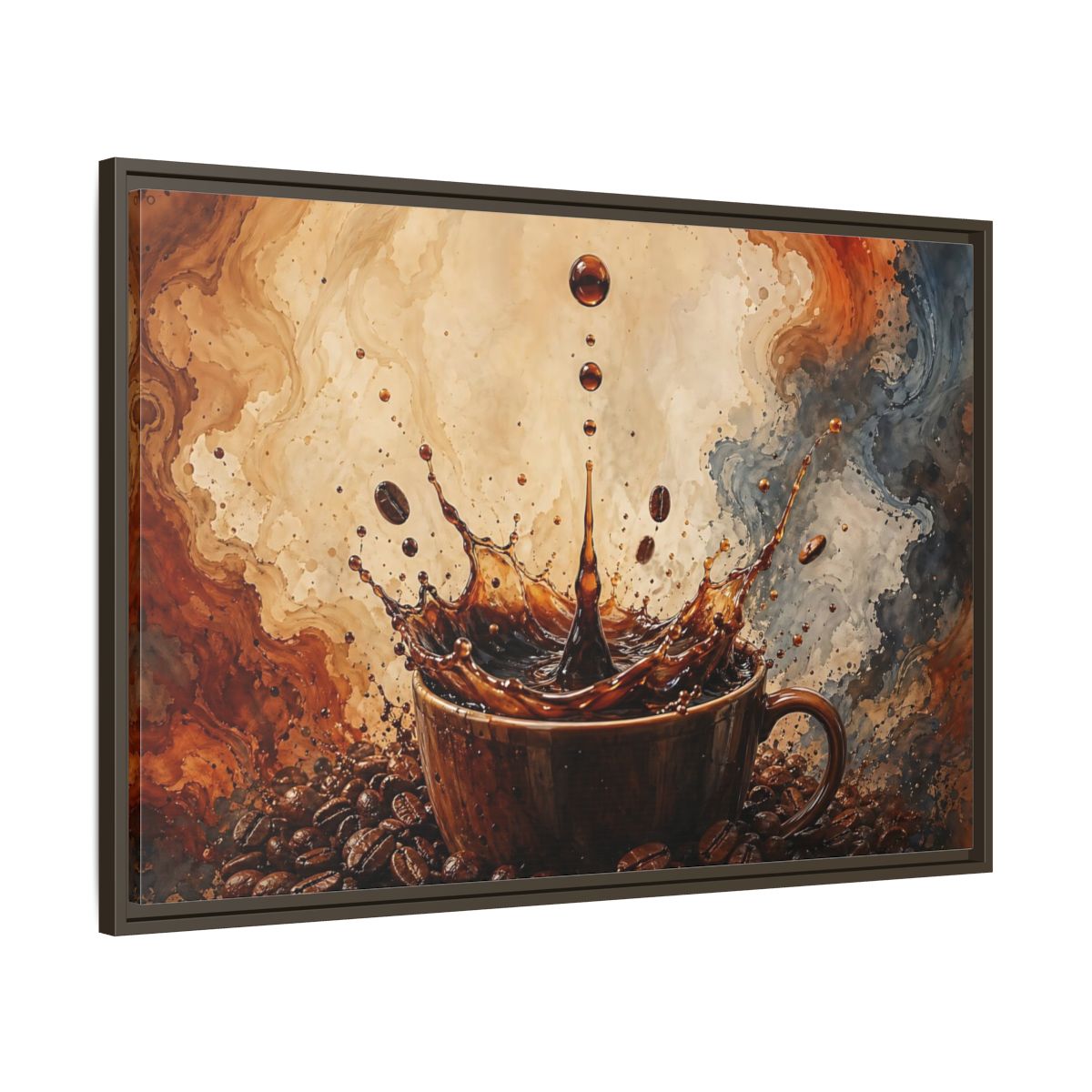 Main Mockup. Abstract Coffee Splash Brown And Black shown as stretched canvas wall art