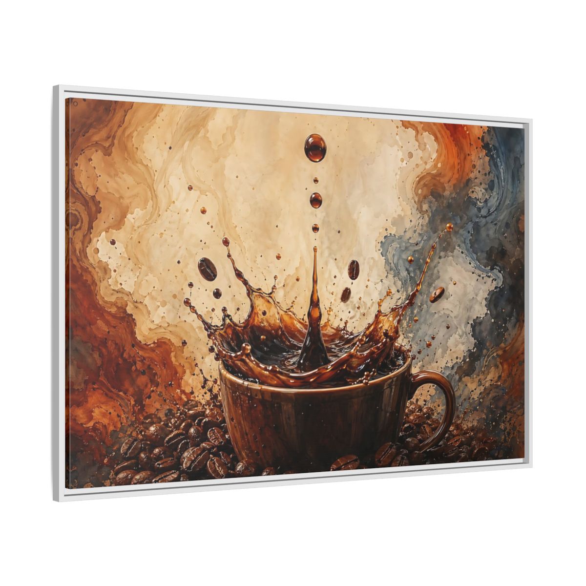 Side Mockup 7. Abstract Coffee Splash Brown And Black shown as stretched canvas wall art