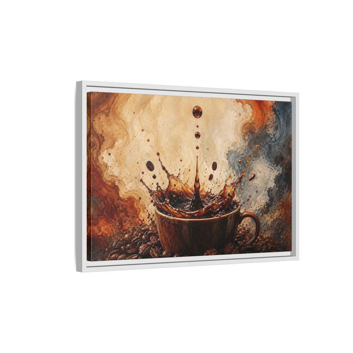 Side Mockup 1. Abstract Coffee Splash Brown And Black shown as stretched canvas wall art