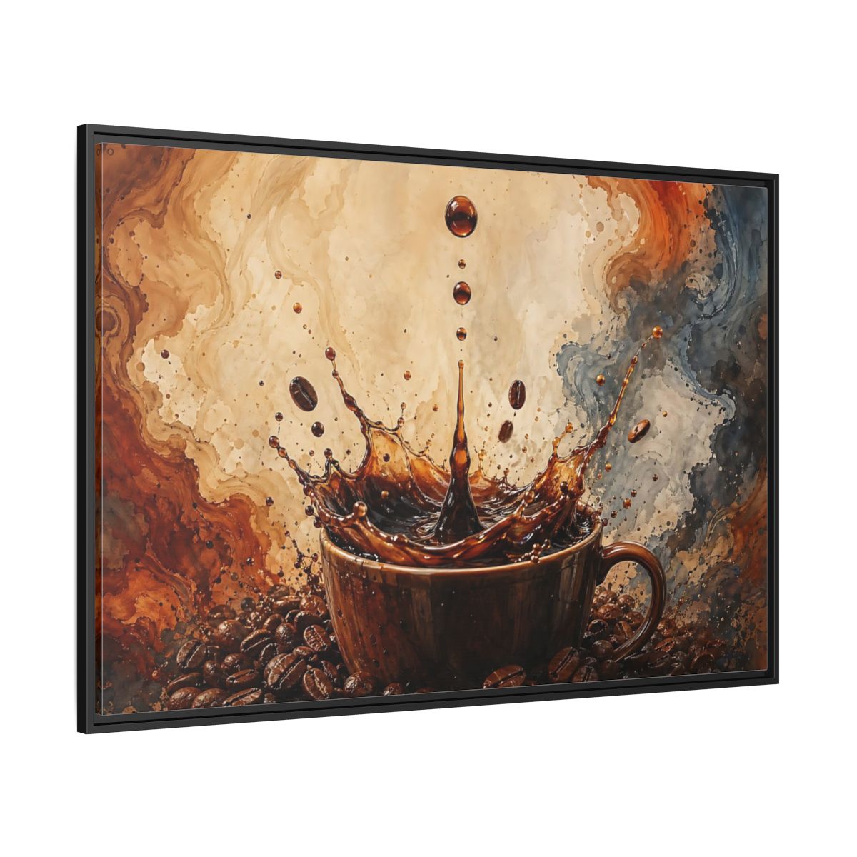 Side Mockup 12. Abstract Coffee Splash Brown And Black shown as stretched canvas wall art