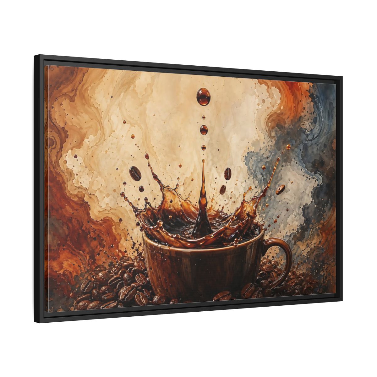 Side Mockup 13. Abstract Coffee Splash Brown And Black shown as stretched canvas wall art