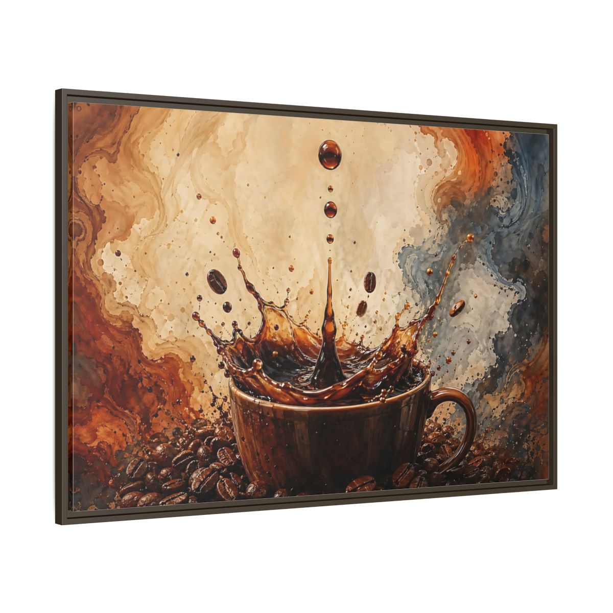 Side Mockup 8. Abstract Coffee Splash Brown And Black shown as stretched canvas wall art