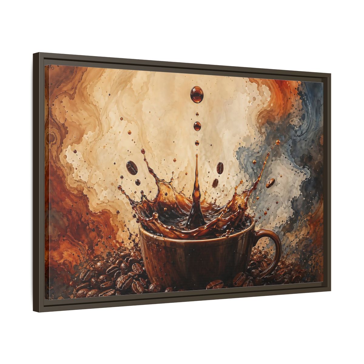 Side Mockup 11. Abstract Coffee Splash Brown And Black shown as stretched canvas wall art