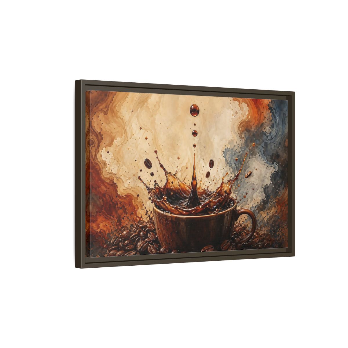 Side Mockup 2. Abstract Coffee Splash Brown And Black shown as stretched canvas wall art