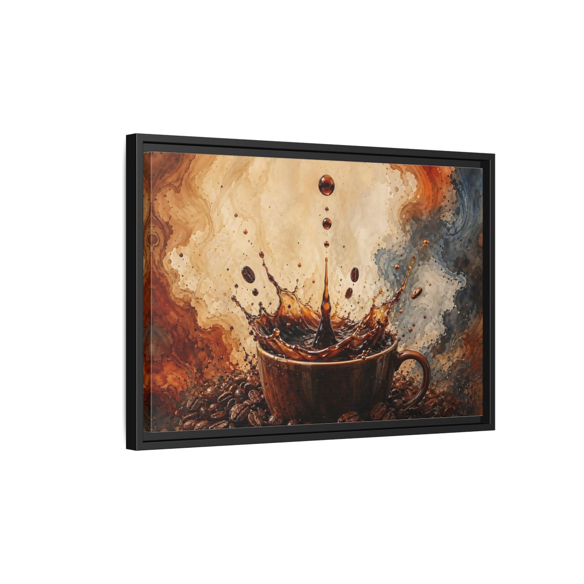 Side Mockup 3. Abstract Coffee Splash Brown And Black shown as stretched canvas wall art