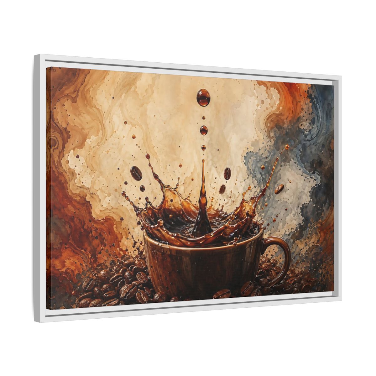 Side Mockup 10. Abstract Coffee Splash Brown And Black shown as stretched canvas wall art