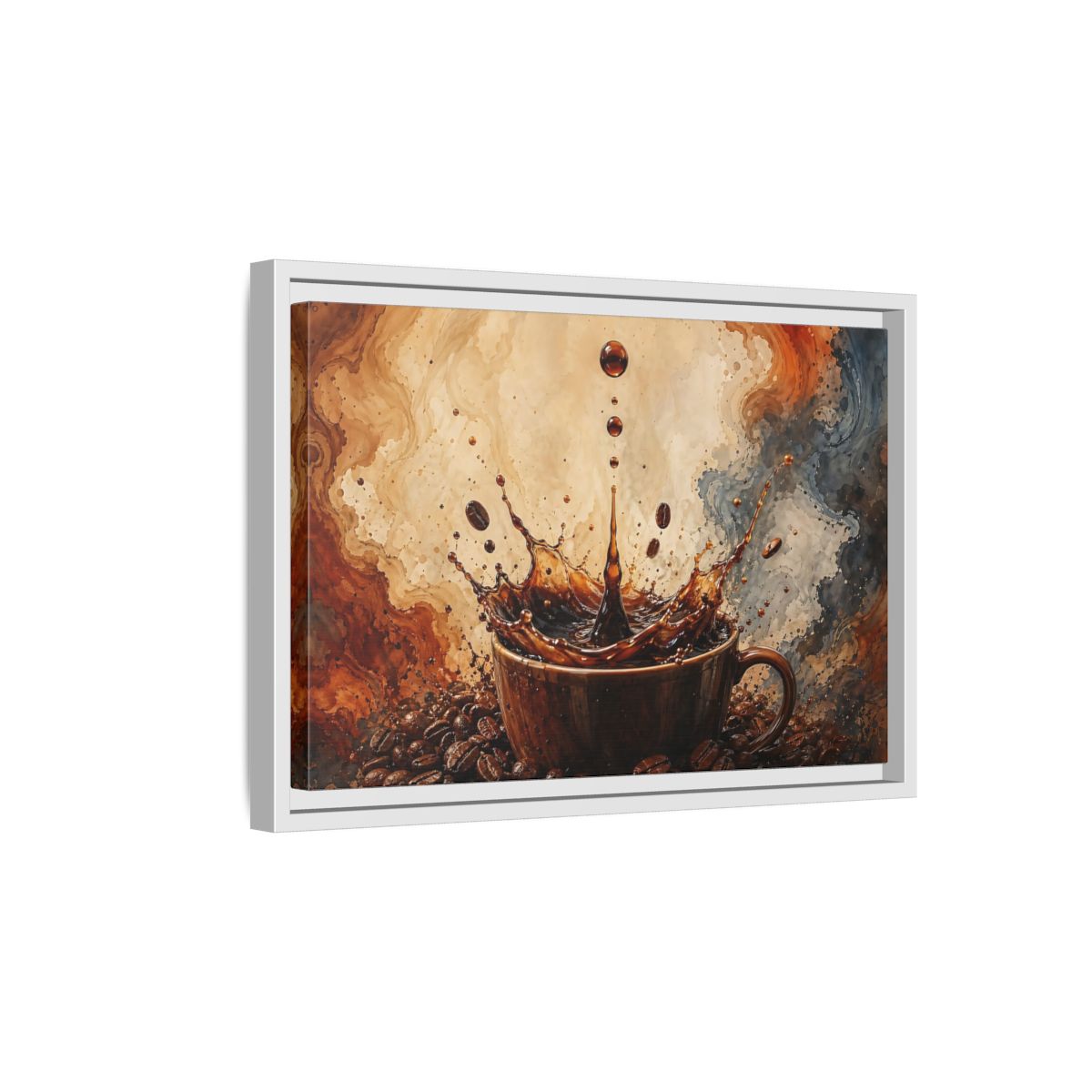 Side Mockup 4. Abstract Coffee Splash Brown And Black shown as stretched canvas wall art
