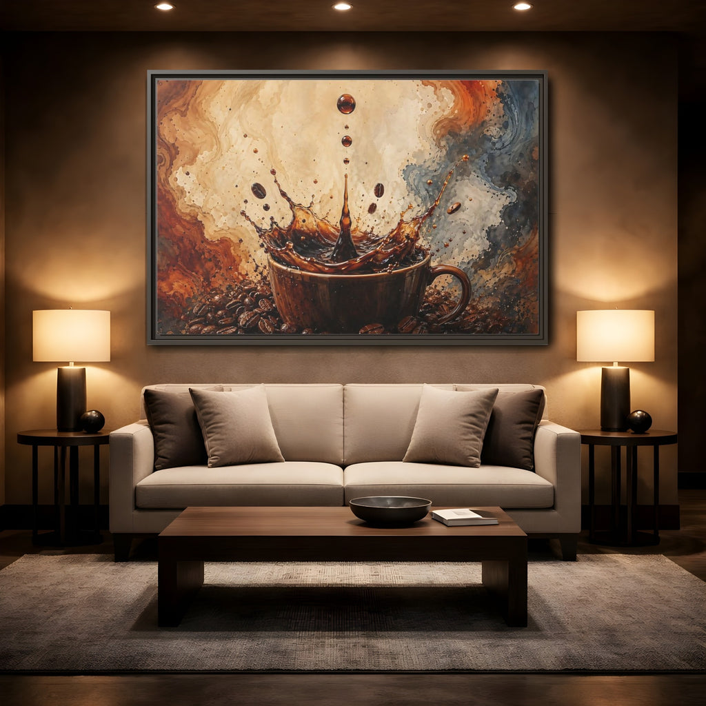 Mockup 2. Abstract Coffee Splash Brown And Black shown as stretched canvas wall art