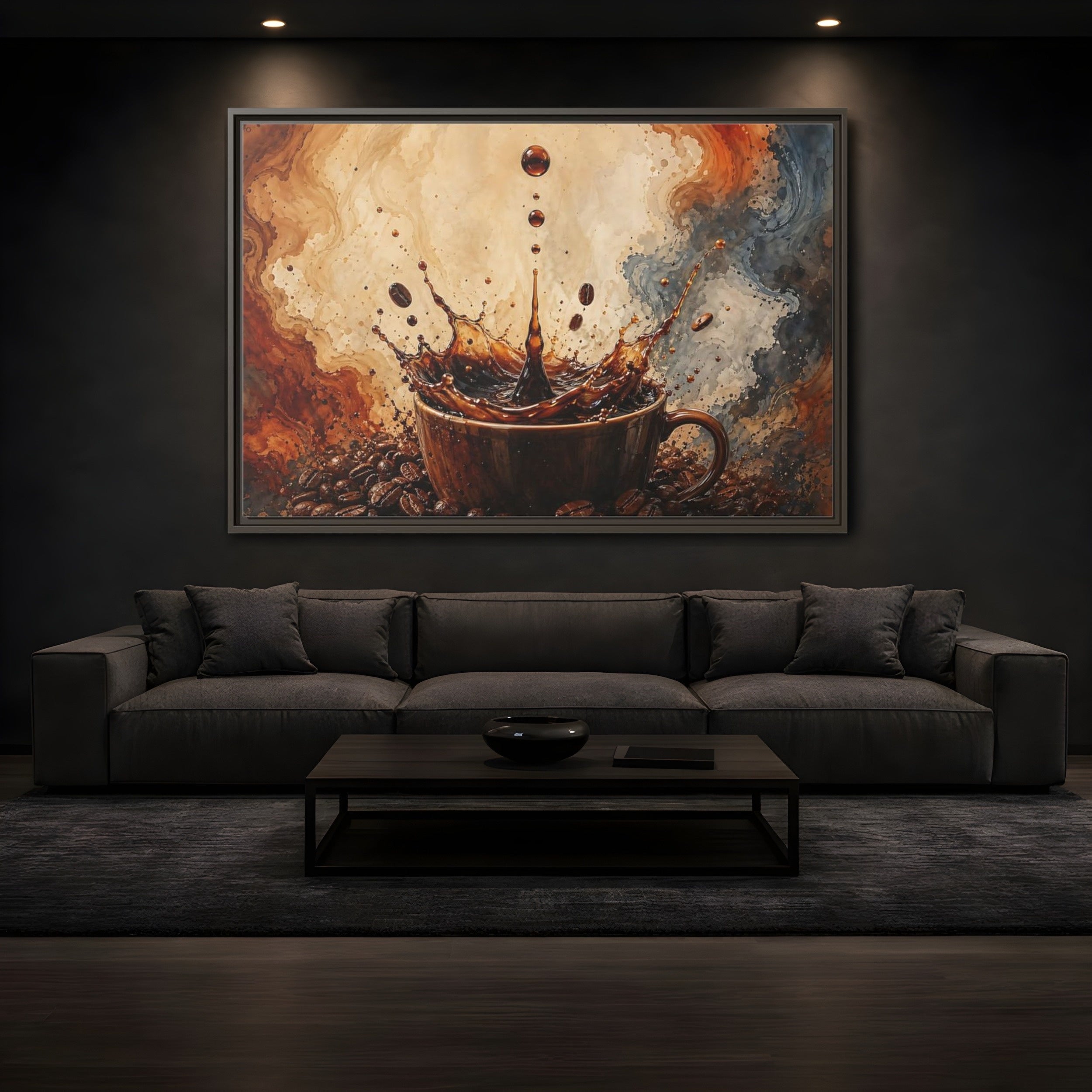Mockup 3. Abstract Coffee Splash Brown And Black shown as stretched canvas wall art