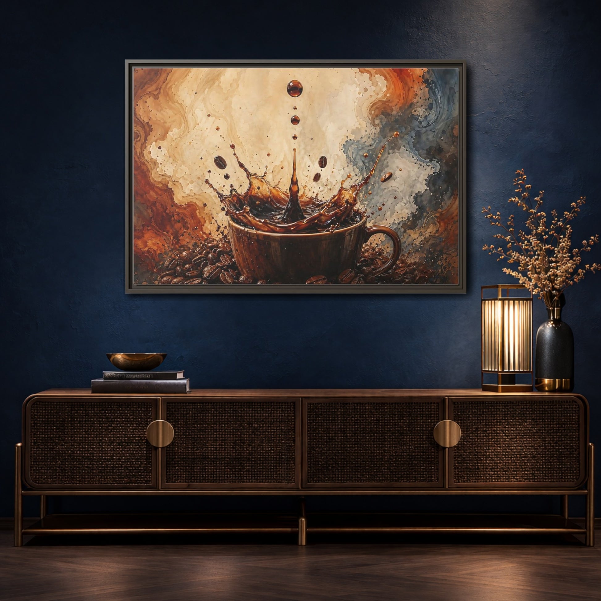 Mockup 4. Abstract Coffee Splash Brown And Black shown as stretched canvas wall art