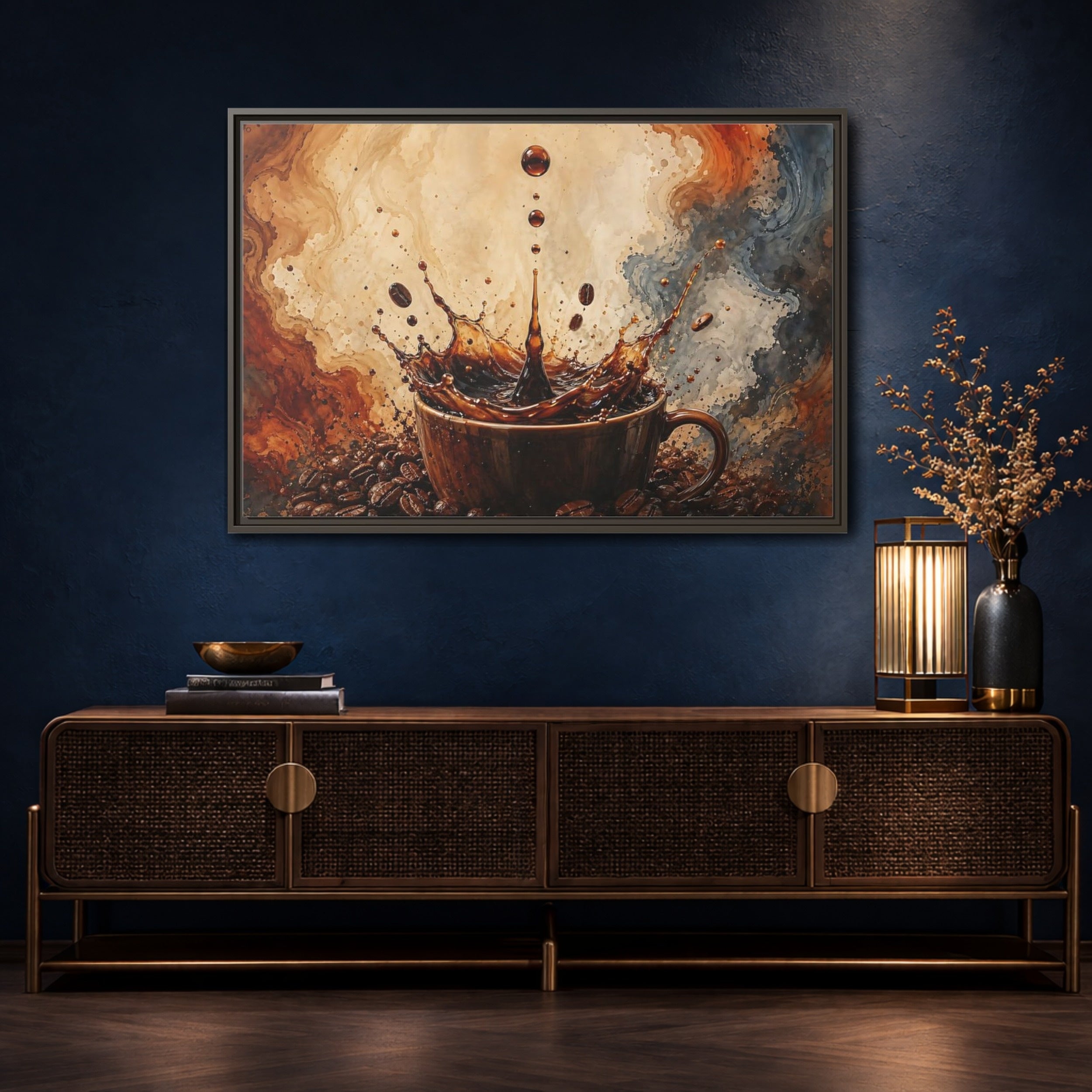 Mockup 4. Abstract Coffee Splash Brown And Black shown as stretched canvas wall art