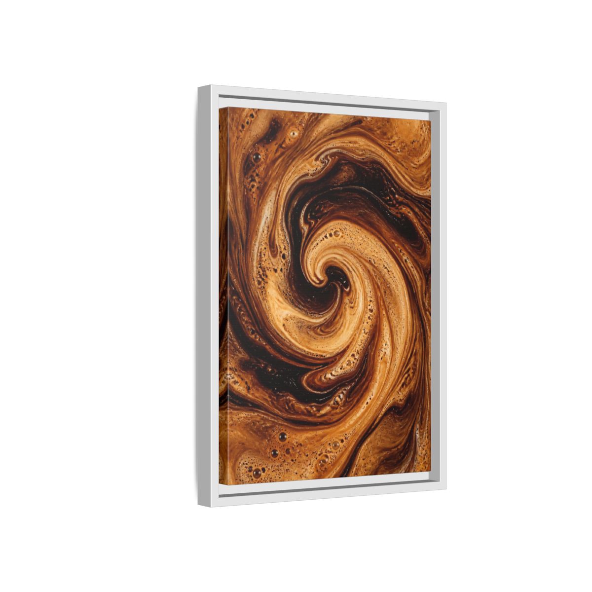 Side Mockup 4. Abstract Coffee Swirl Brown Gold Swirl shown as stretched canvas wall art