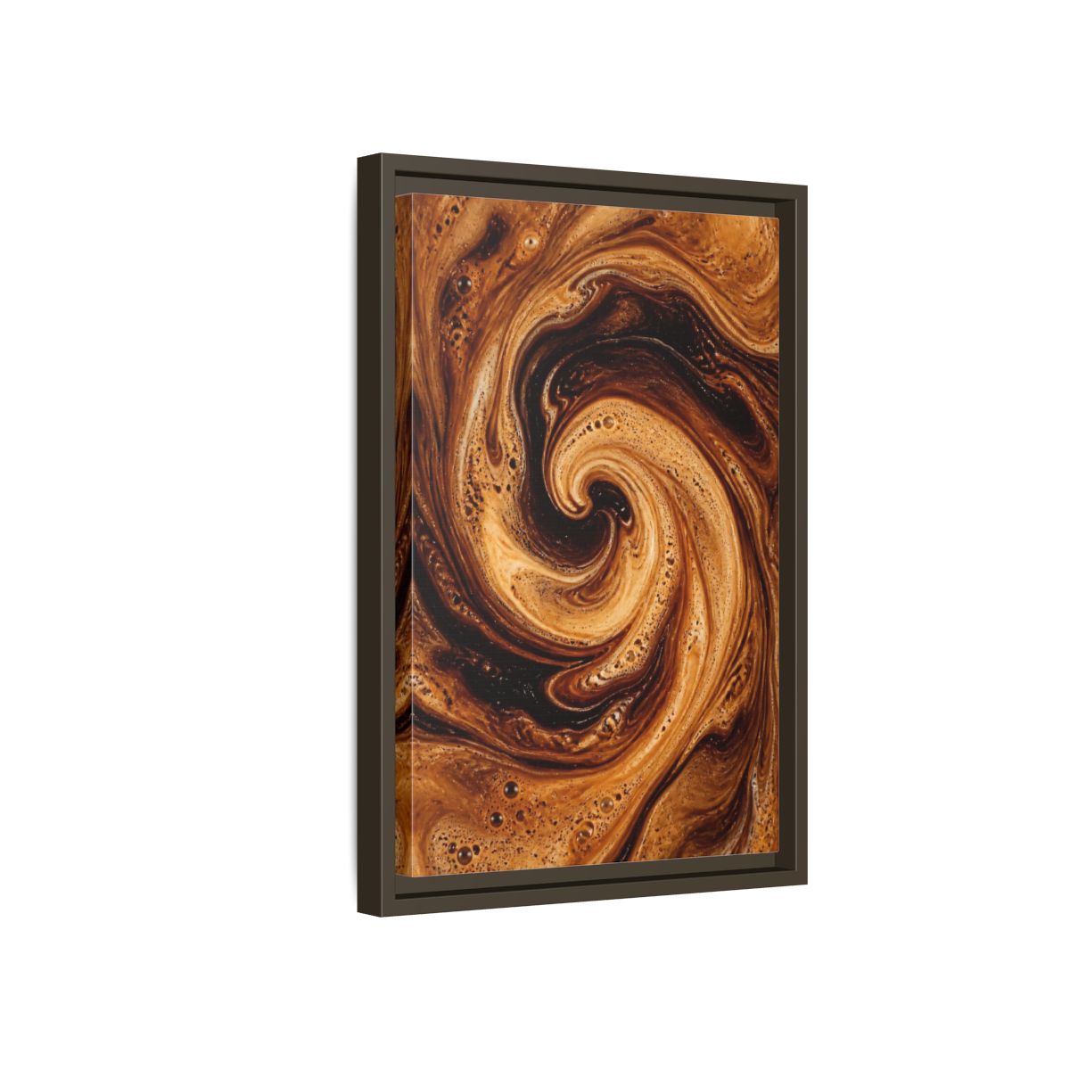 Side Mockup 5. Abstract Coffee Swirl Brown Gold Swirl shown as stretched canvas wall art