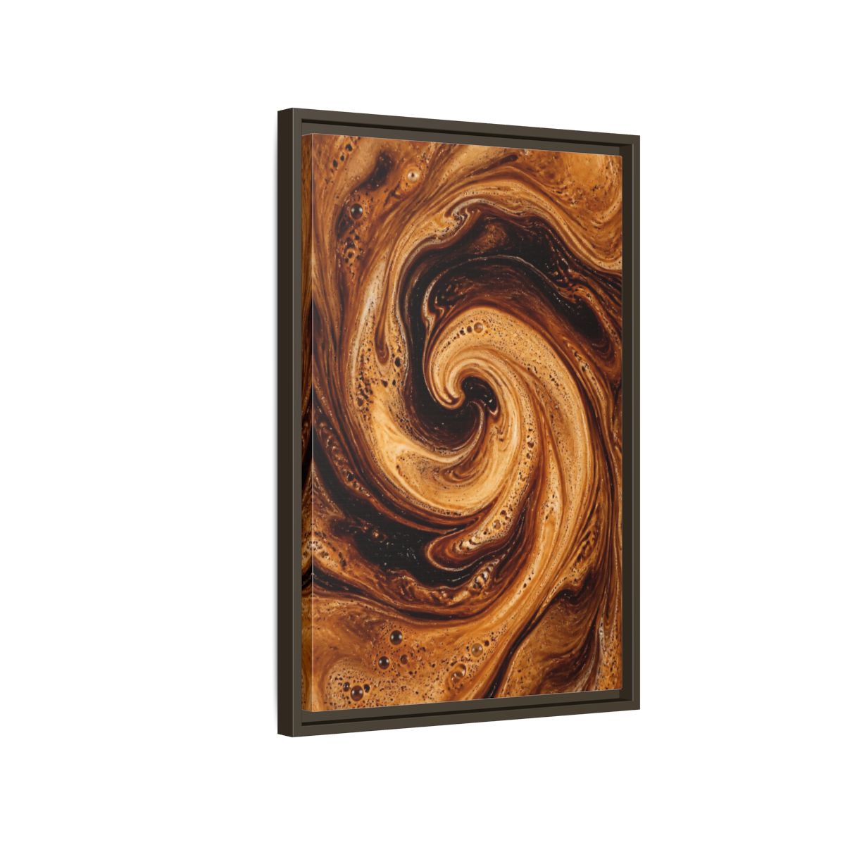 Side Mockup 2. Abstract Coffee Swirl Brown Gold Swirl shown as stretched canvas wall art