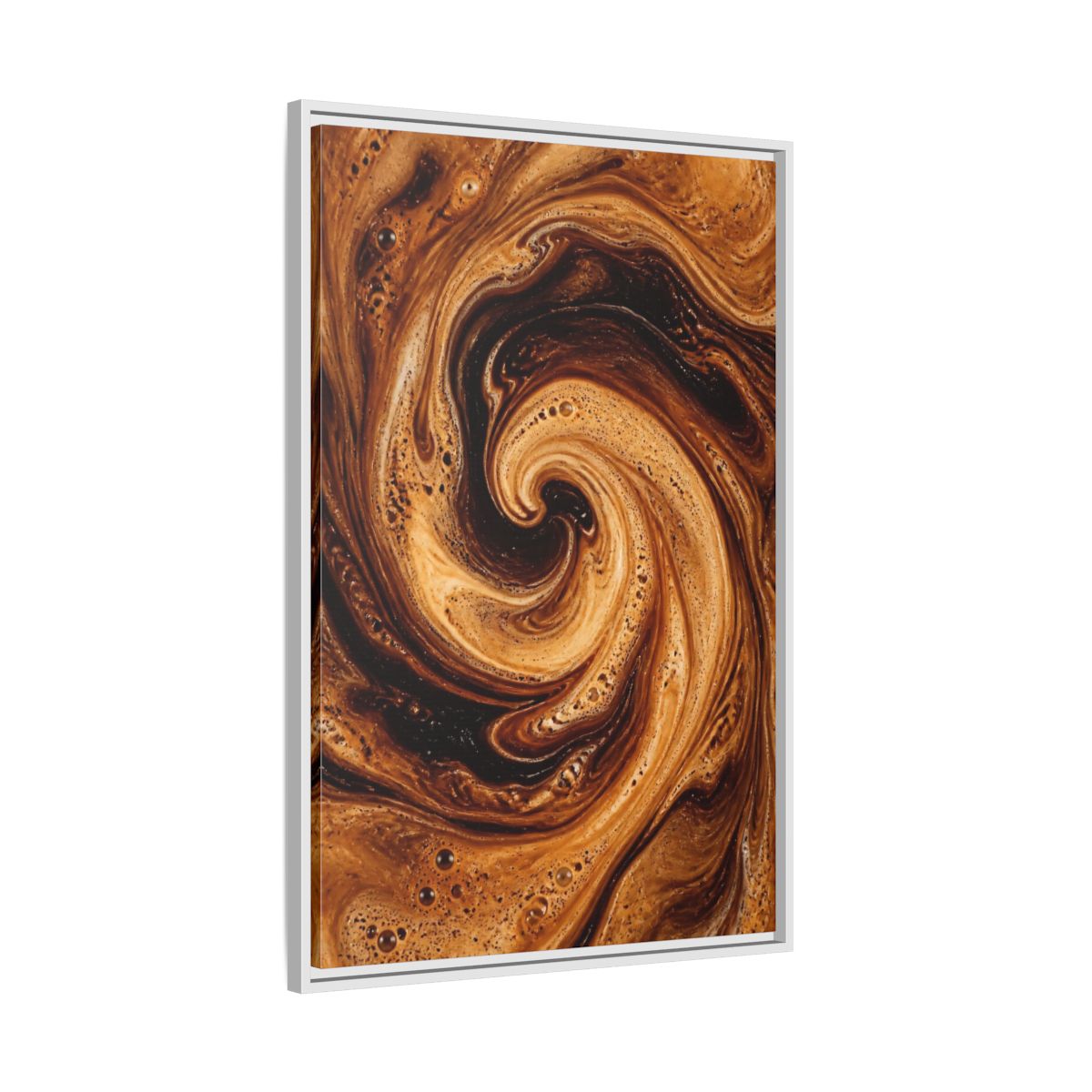 Side Mockup 9. Abstract Coffee Swirl Brown Gold Swirl shown as stretched canvas wall art