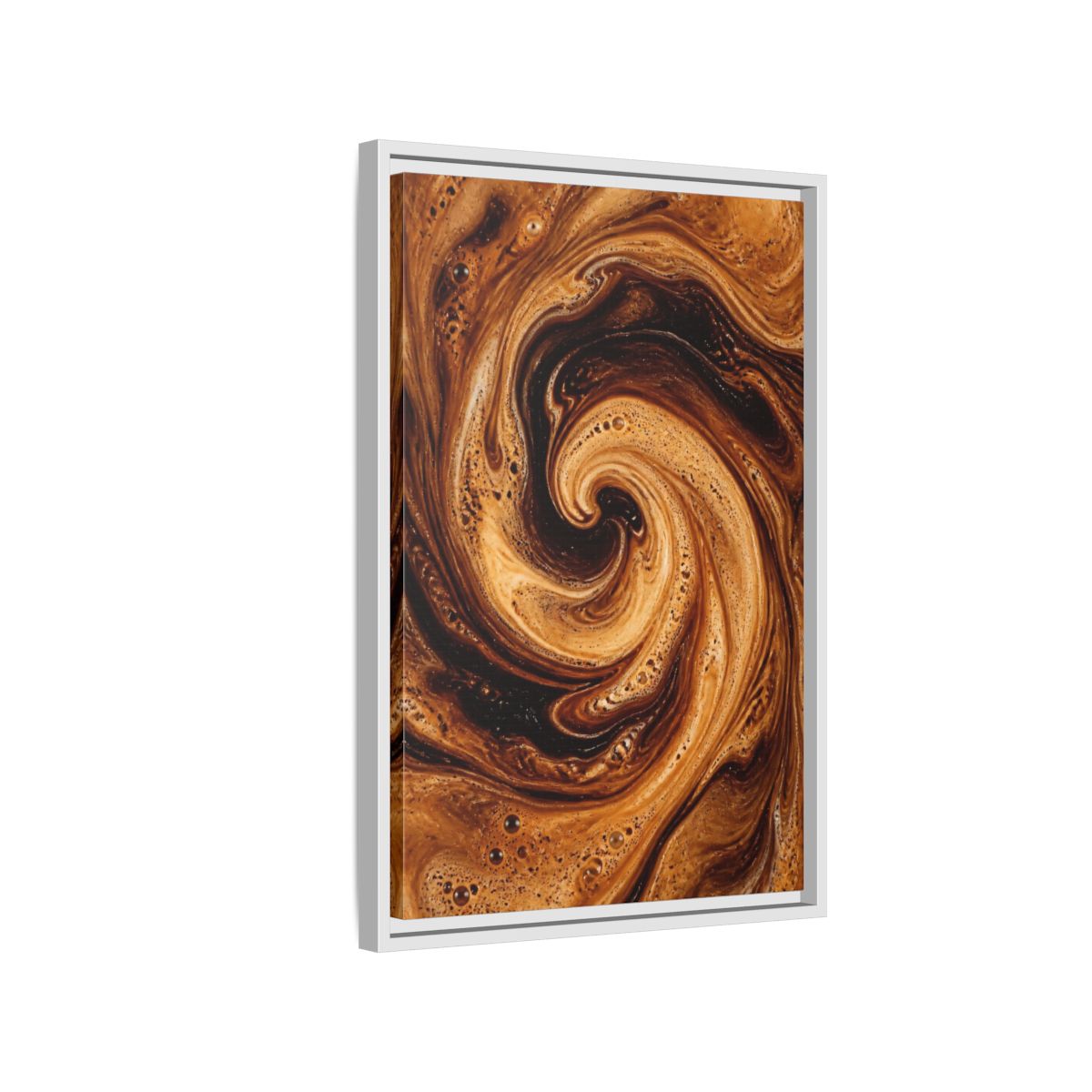 Side Mockup 1. Abstract Coffee Swirl Brown Gold Swirl shown as stretched canvas wall art