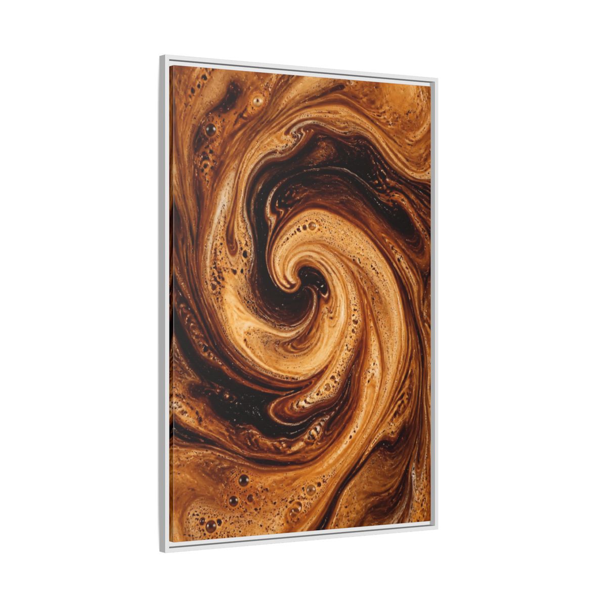 Side Mockup 7. Abstract Coffee Swirl Brown Gold Swirl shown as stretched canvas wall art