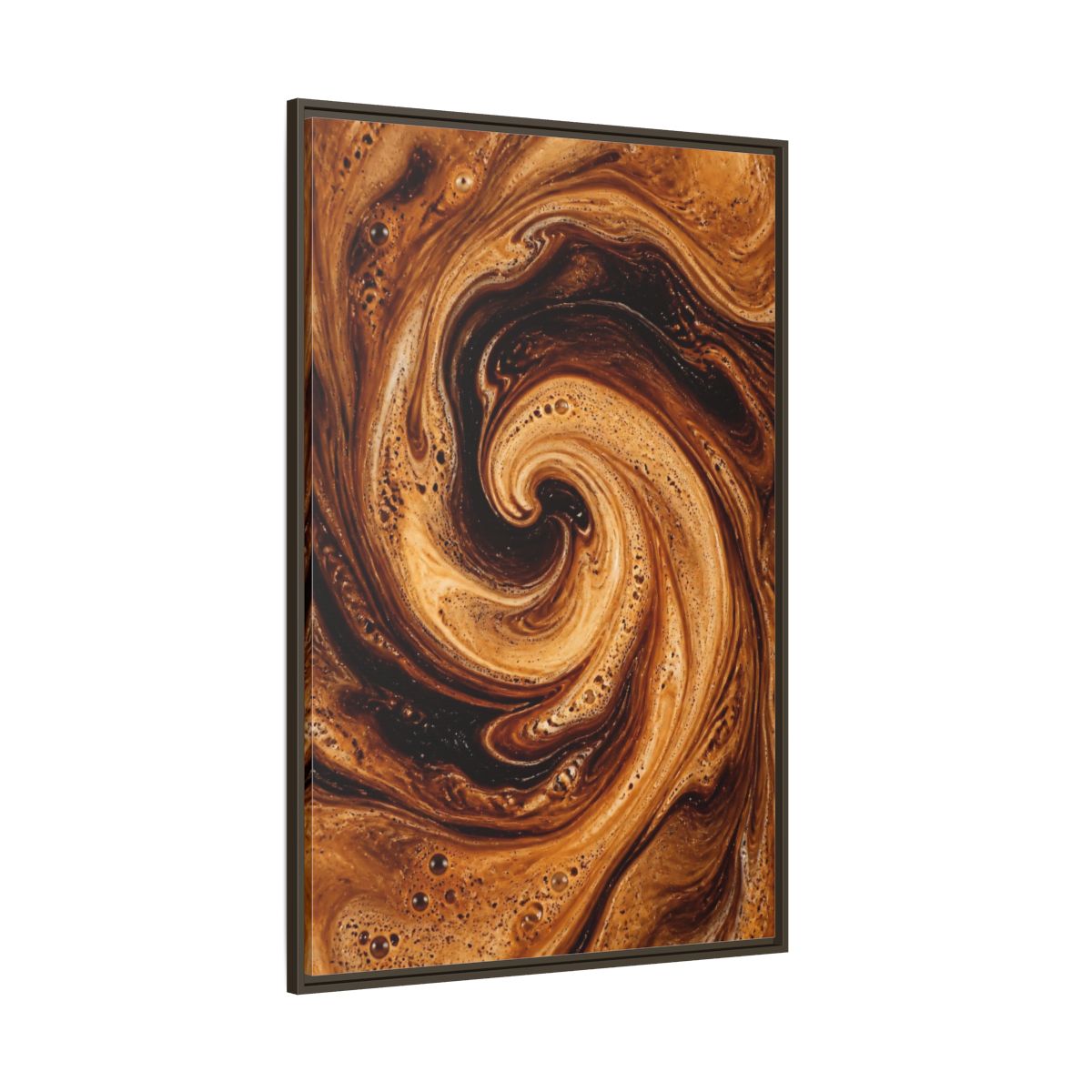 Side Mockup 8. Abstract Coffee Swirl Brown Gold Swirl shown as stretched canvas wall art