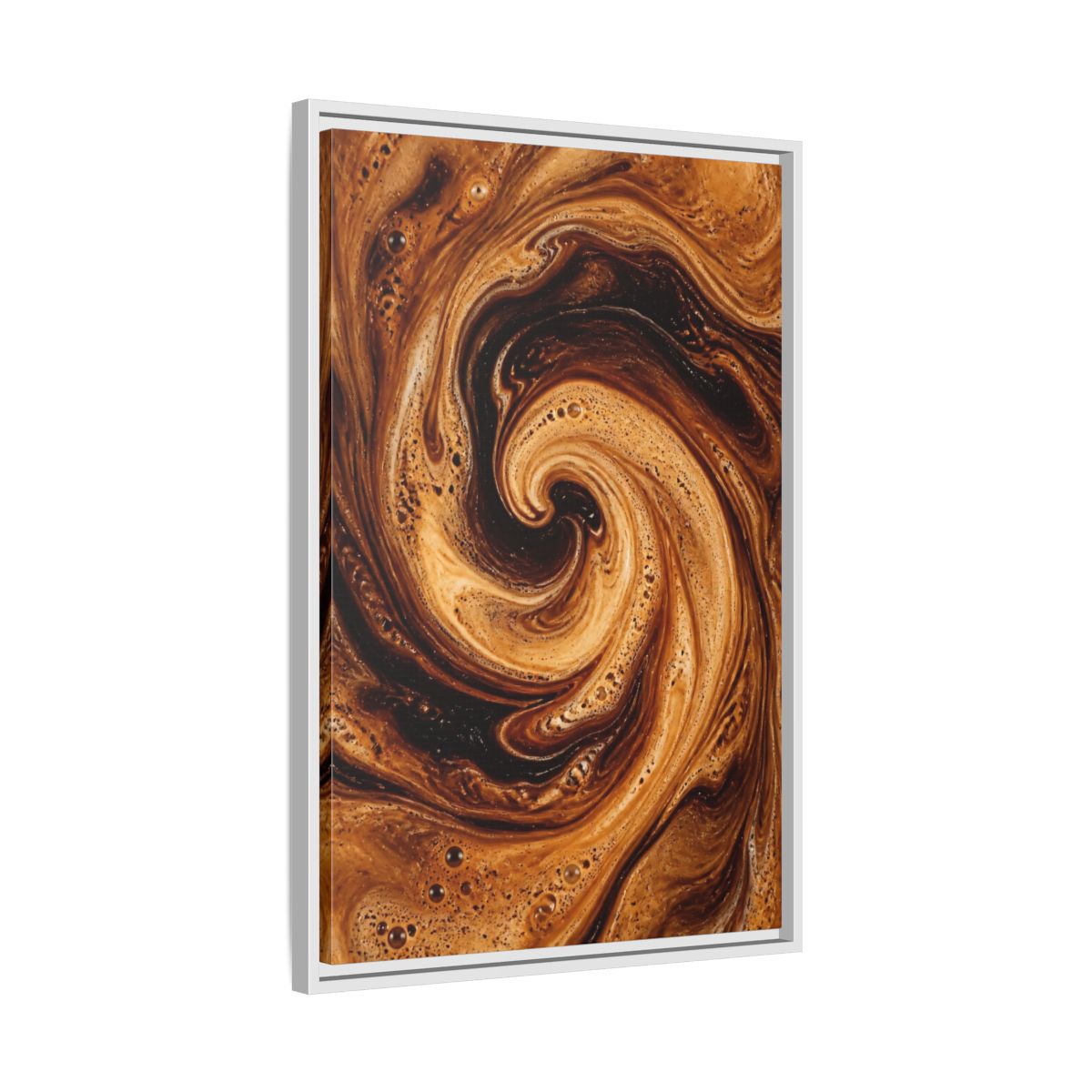 Side Mockup 10. Abstract Coffee Swirl Brown Gold Swirl shown as stretched canvas wall art