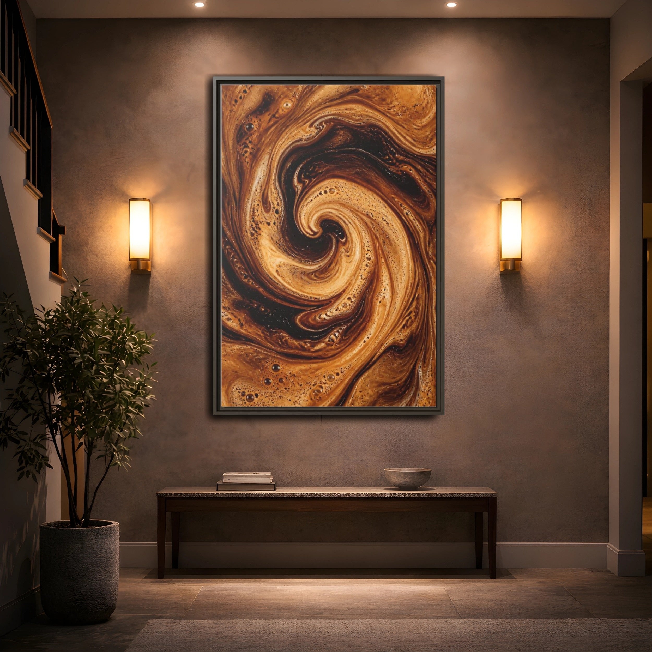 Mockup 2. Abstract Coffee Swirl Brown Gold Swirl shown as stretched canvas wall art