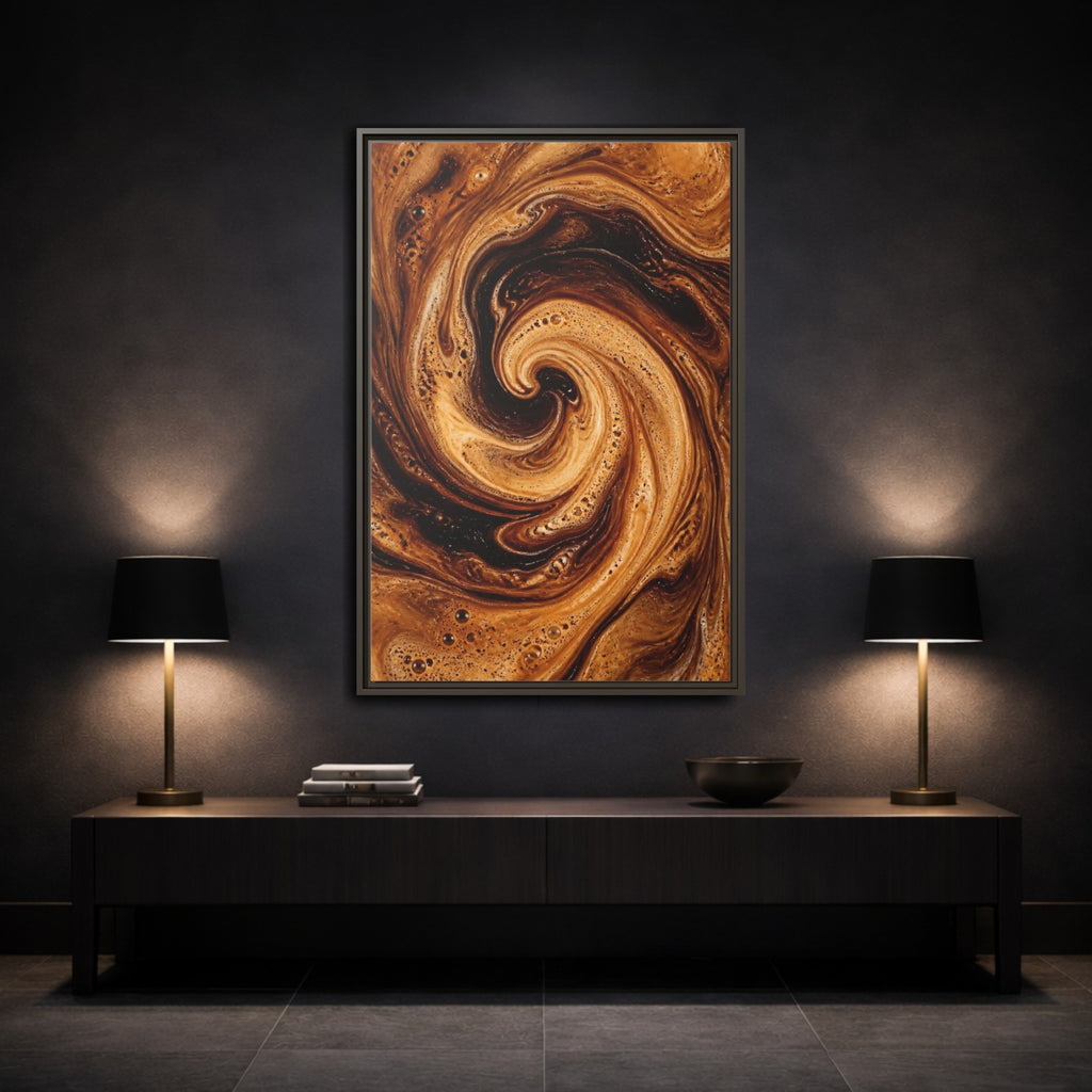Mockup 3. Abstract Coffee Swirl Brown Gold Swirl shown as stretched canvas wall art