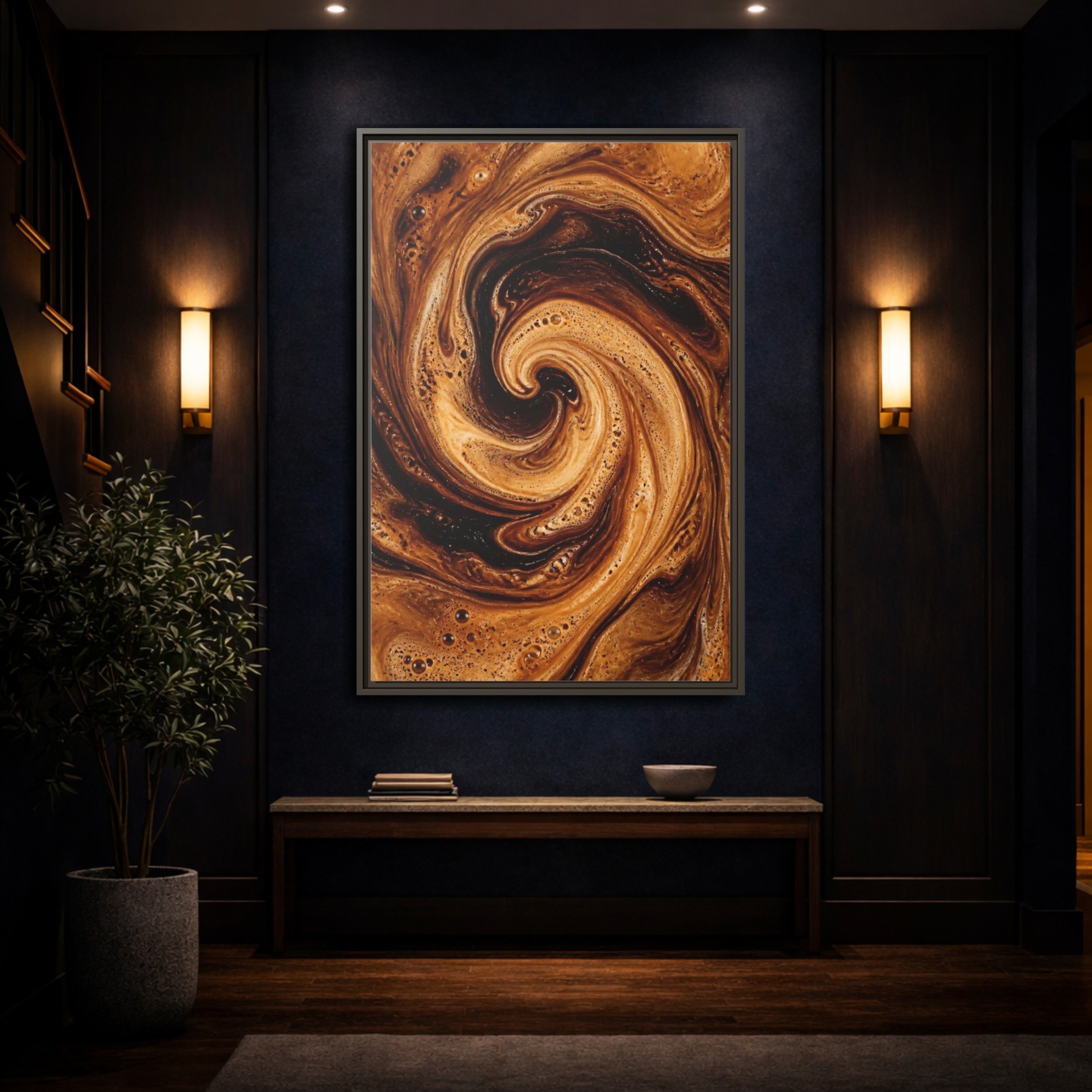 Mockup 4. Abstract Coffee Swirl Brown Gold Swirl shown as stretched canvas wall art