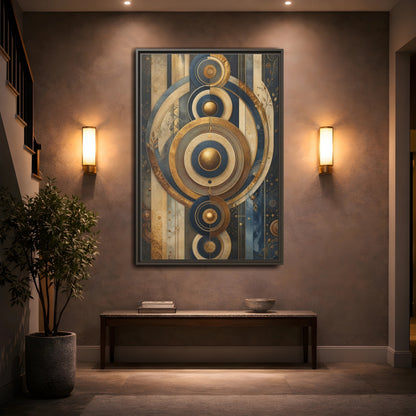 Abstract Concentric Circles Blue Gold Framed Canvas Wall Art - Living Room Decor shown as canvas wall art