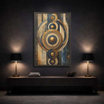 Abstract Concentric Circles Blue Gold Framed Canvas Wall Art - Living Room Decor shown as canvas wall art
