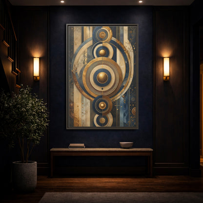 Abstract Concentric Circles Blue Gold Framed Canvas Wall Art - Living Room Decor shown as canvas wall art