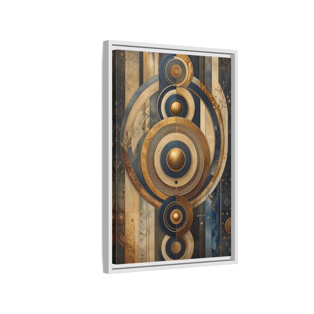 Side Mockup 1. Abstract Concentric Circles Blue Gold Abstract shown as stretched canvas wall art