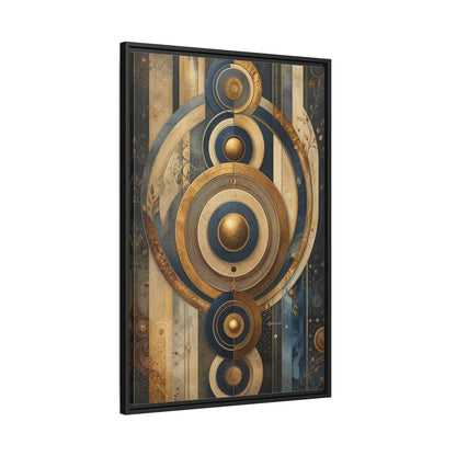Abstract Concentric Circles Blue Gold Framed Canvas Wall Art - Living Room Decor shown as canvas wall art