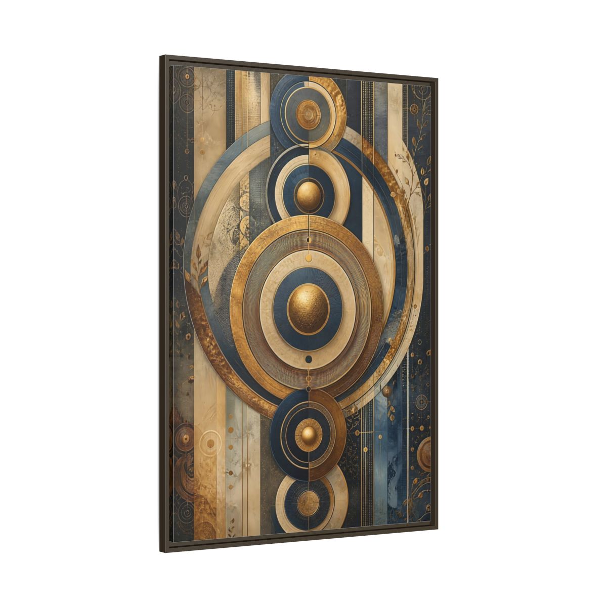 Side Mockup 8. Abstract Concentric Circles Blue Gold Abstract shown as stretched canvas wall art