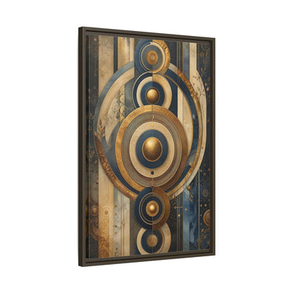 Abstract Concentric Circles Blue Gold Framed Canvas Wall Art - Living Room Decor shown as canvas wall art