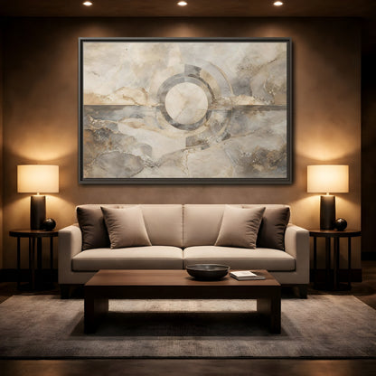 Mockup 2. Abstract Concentric Circles Neutral Abstract shown as stretched canvas wall art